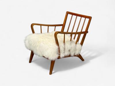 Danish Modern Beech Mongolian Fur Lounge Chair Denmark 1950s