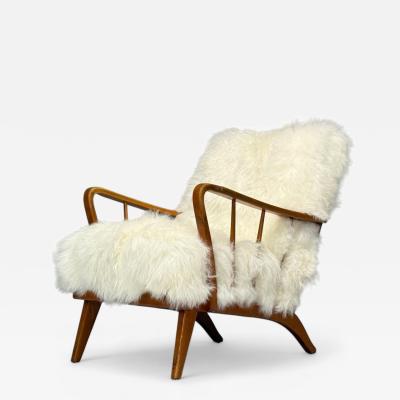 Danish Modern Beech Mongolian Fur Lounge Chair Denmark 1950s