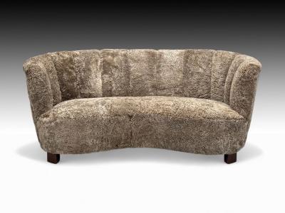 Danish Modern Beechwood Sahara Sheepskin Banana Sofa Denmark 1940s