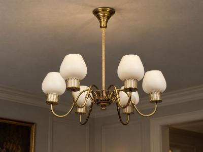 Danish Modern Chandelier Brass String Glass Denmark 1960s