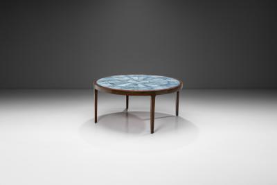 Danish Modern Coffee Table with Blue Tiles Denmark 1950s