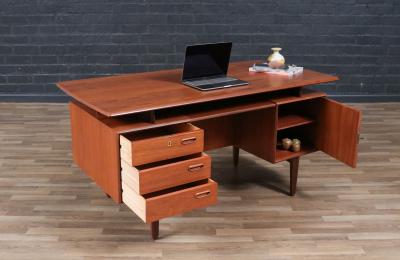Danish Modern Floating Top Teak Desk w Bookcase