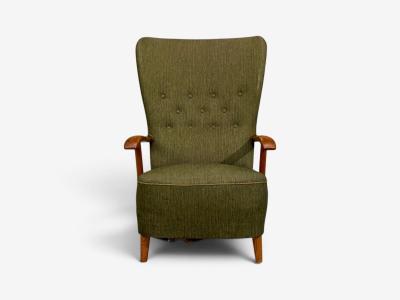 Danish Modern Highback Lounge Chair Elm Wool Denmark 1950s