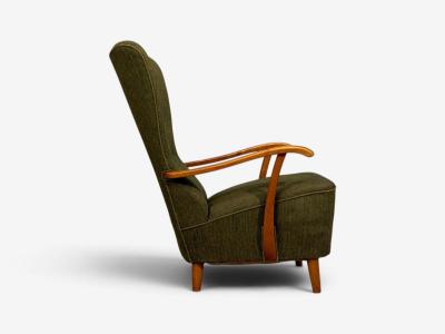 Danish Modern Highback Lounge Chair Elm Wool Denmark 1950s