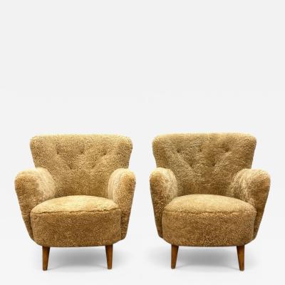 Danish Modern Honey Sheepskin Beech Organic Lounge Chairs Denmark 1940s