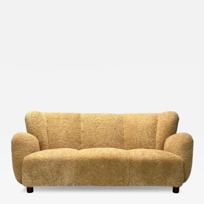 Danish Modern Honey Sheepskin Oak Sofa Denmark 1940s