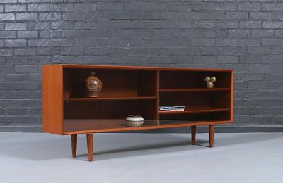 Danish Modern Low Profile Teak Bookcase w Glass Doors