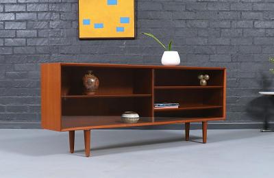 Danish Modern Low Profile Teak Bookcase w Glass Doors