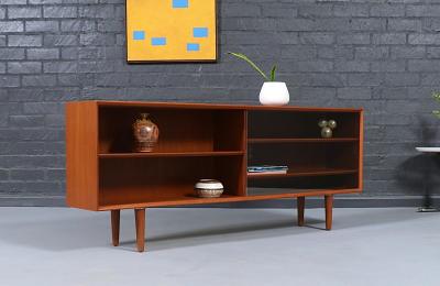 Danish Modern Low Profile Teak Bookcase w Glass Doors