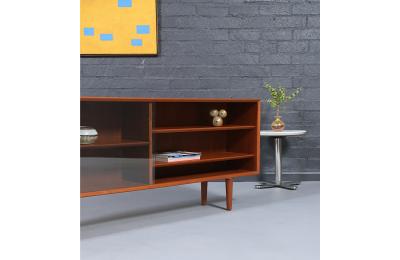 Danish Modern Low Profile Teak Bookcase w Glass Doors