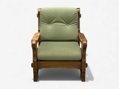 Danish Modern Oak Green Nubuck Brutalist Lounge Chair Denmark 1960s