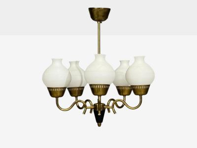 Danish Modern Pendant Light Brass Etched Glass Denmark 1950s