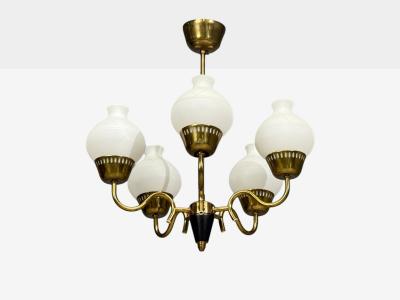 Danish Modern Pendant Light Brass Etched Glass Denmark 1950s