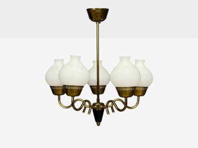 Danish Modern Pendant Light Brass Etched Glass Denmark 1950s