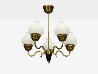 Danish Modern Pendant Light Brass Etched Glass Denmark 1950s