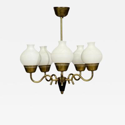 Danish Modern Pendant Light Brass Etched Glass Denmark 1950s