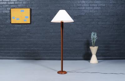 Danish Modern Sculpted Teak Floor Lamp w Linen Cone Shade