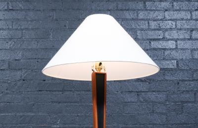 Danish Modern Sculpted Teak Floor Lamp w Linen Cone Shade