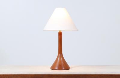 Danish Modern Sculpted Teak Table Lamp with Cone Linen Shade