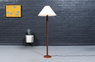 Danish Modern Sculptural Teak Floor Lamp w Linen Cone Shade