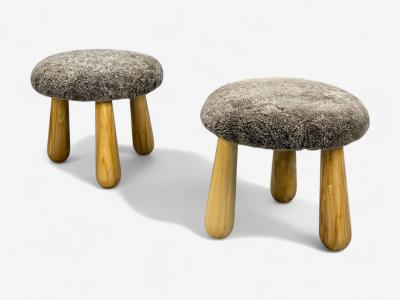 Danish Modern Style Brown Sheepskin Maple Shearling Footstools 21st c 