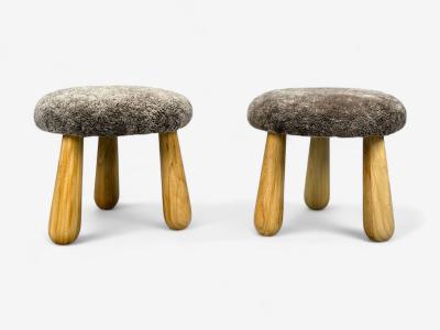 Danish Modern Style Brown Sheepskin Maple Shearling Footstools 21st c 