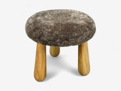 Danish Modern Style Brown Sheepskin Maple Shearling Footstools 21st c 