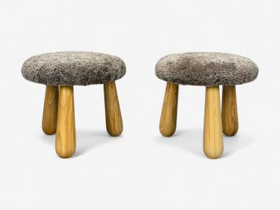 Danish Modern Style Brown Sheepskin Maple Shearling Footstools 21st c 