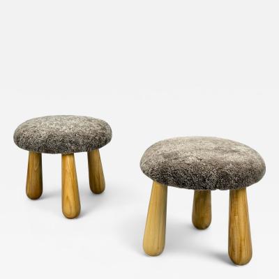 Danish Modern Style Brown Sheepskin Maple Shearling Footstools 21st c 