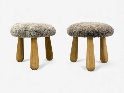 Danish Modern Style Gray Sheepskin Maple Shearling Footstools 21st c 