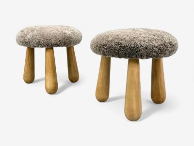 Danish Modern Style Gray Sheepskin Maple Shearling Footstools 21st c 