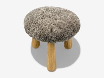 Danish Modern Style Gray Sheepskin Maple Shearling Footstools 21st c 