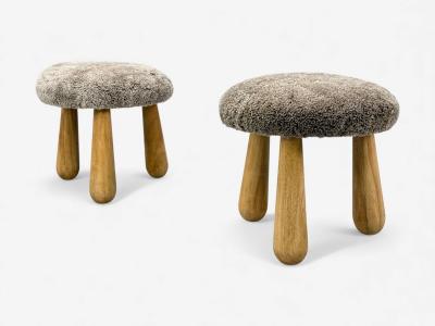 Danish Modern Style Gray Sheepskin Maple Shearling Footstools 21st c 