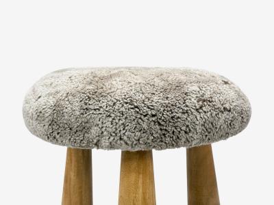 Danish Modern Style Gray Sheepskin Maple Shearling Footstools 21st c 
