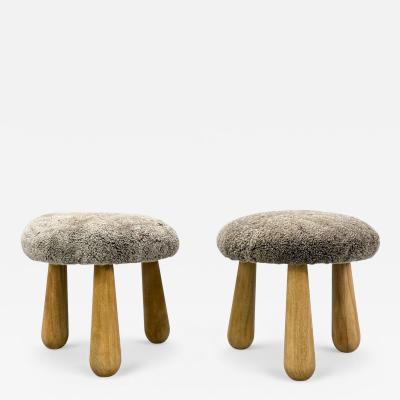 Danish Modern Style Gray Sheepskin Maple Shearling Footstools 21st c 