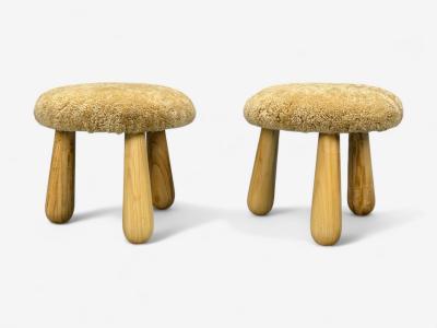 Danish Modern Style Honey Sheepskin Maple Shearling Footstools 21st C 