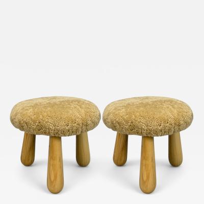 Danish Modern Style Honey Sheepskin Maple Shearling Footstools 21st C 