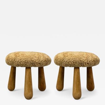 Danish Modern Style Honey Sheepskin Maple Shearling Footstools USA 21st c 