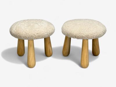 Danish Modern Style Sheepskin Stools Beige Shearling Maple USA 21st c 