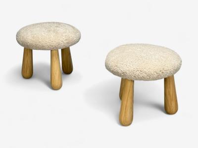Danish Modern Style Sheepskin Stools Beige Shearling Maple USA 21st c 