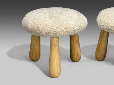 Danish Modern Style Sheepskin Stools Beige Shearling Maple USA 21st c 