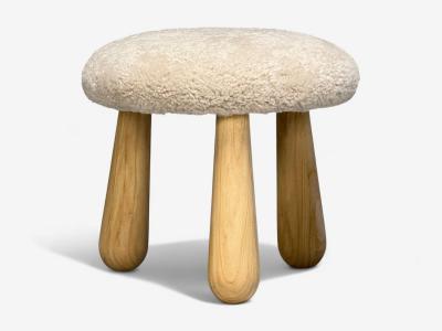 Danish Modern Style Sheepskin Stools Beige Shearling Maple USA 21st c 