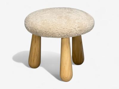 Danish Modern Style Sheepskin Stools Beige Shearling Maple USA 21st c 