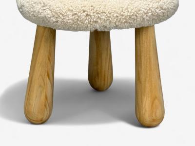 Danish Modern Style Sheepskin Stools Beige Shearling Maple USA 21st c 