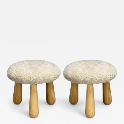 Danish Modern Style Sheepskin Stools Beige Shearling Maple USA 21st c 