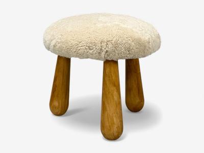 Danish Modern Style Sheepskin Stools Beige Shearling Maple USA 21st c 
