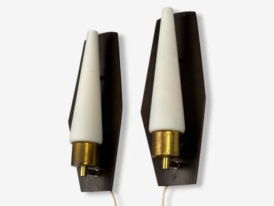 Danish Modern Teak Brass Opaline Glass Wall Lights Denmark 1960s