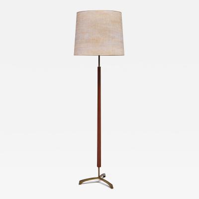 Danish Modern Three Legged Floor Lamp in Brass Teak and Textured Shade 1950s
