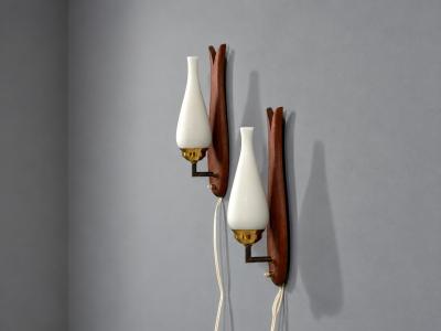 Danish Modern Wall Lights or Sconces Teak Brass Opal Glass Denmark 1960s