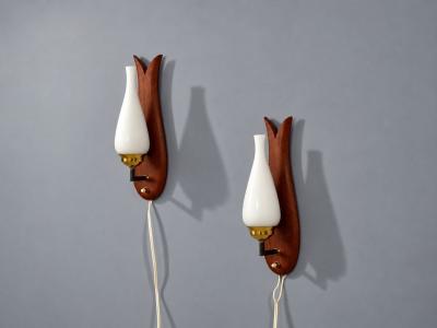 Danish Modern Wall Lights or Sconces Teak Brass Opal Glass Denmark 1960s